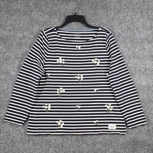 Talbots Women XLp Shirt Navy White Striped Embroidered Daisy Cotton Long Sleeve